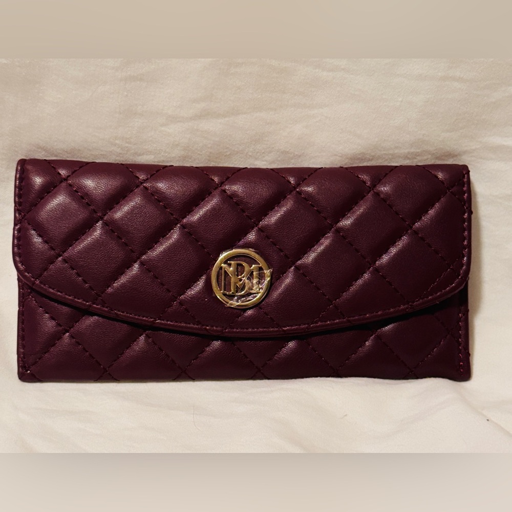 Badgley Quilted Plum Vegan Leather Long Thin Wallet/Cardholder with Gold Accent.